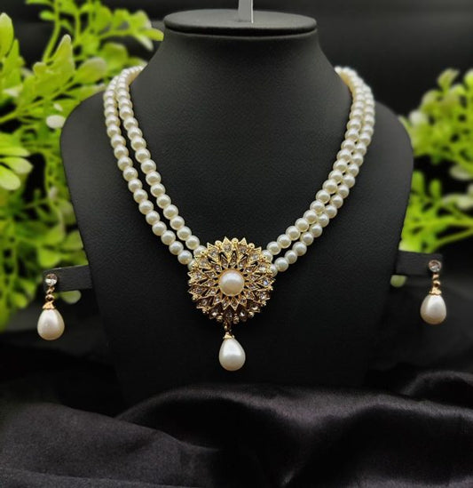 Imported Radiant Double-layered Pearl Necklace With Golden Sunburst Pendant